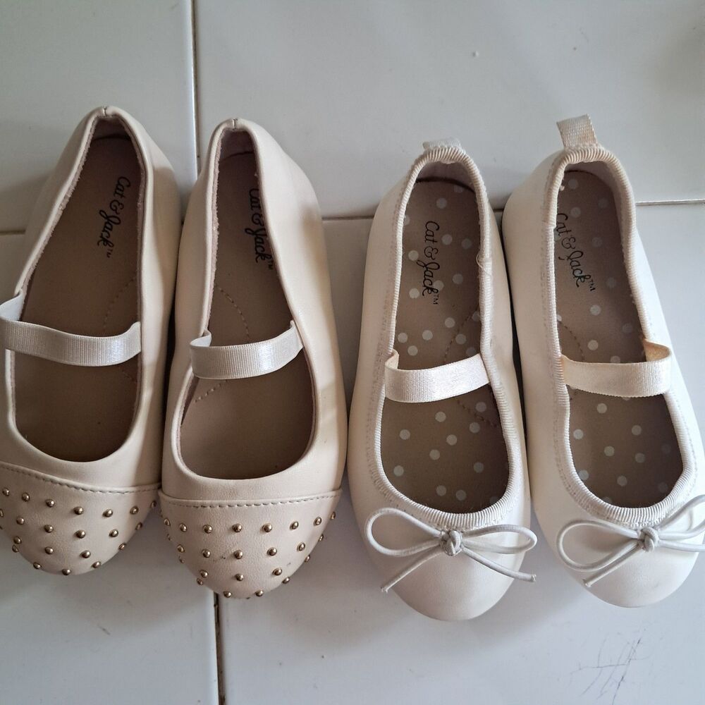 Lot Of 2 Toddler Girl Size 7 Ballet Flats Cat & Jacks Beige White Bows Studded